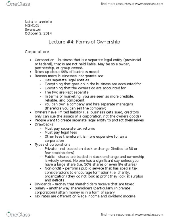 MGM101H5 Lecture Notes - Lecture 4: Legal Personality, Limited Liability Partnership, Limited Partnership thumbnail