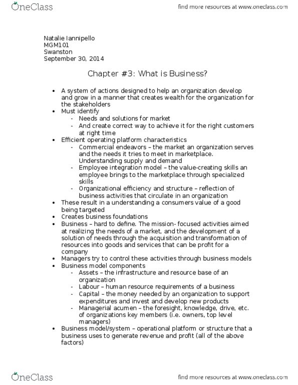 MGM101H5 Chapter Notes - Chapter 3: Business Plan, Competitive Advantage, Market Segmentation thumbnail