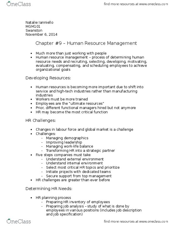 MGM101H5 Chapter Notes - Chapter 9: Human Resource Management, Human Resources, Job Rotation thumbnail