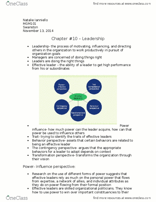 MGM101H5 Chapter Notes - Chapter 10: Transformational Leadership, Strategic Thinking, Social Skills thumbnail