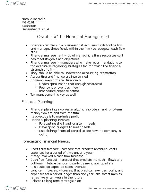 MGM101H5 Chapter Notes - Chapter 11: Unsecured Debt, Operating Budget, Cash Flow thumbnail