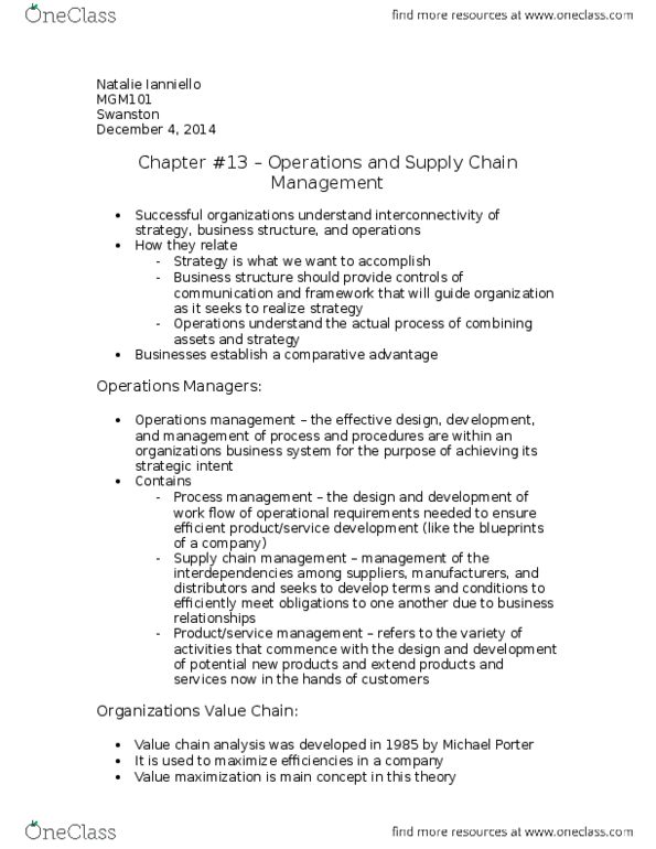 MGM101H5 Chapter Notes - Chapter 13: Supply Chain, Operations Management, Customer Service thumbnail
