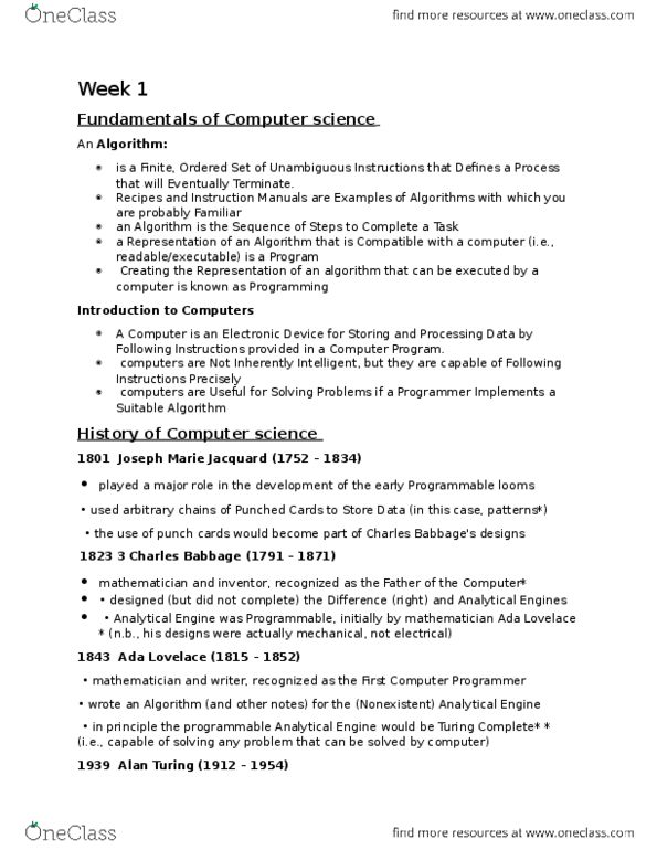 COMP 1005 Lecture Notes - Lecture 1: Universal Turing Machine, Enigma Machine, Joseph Marie Jacquard thumbnail