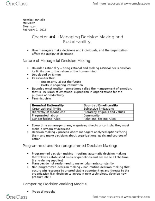 MGM102H5 Chapter Notes - Chapter 4: Decision-Making, Bounded Rationality, Satisficing thumbnail