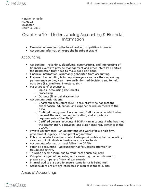 MGM102H5 Chapter Notes - Chapter 10: Financial Accounting, Accounting Information System, Financial Statement thumbnail