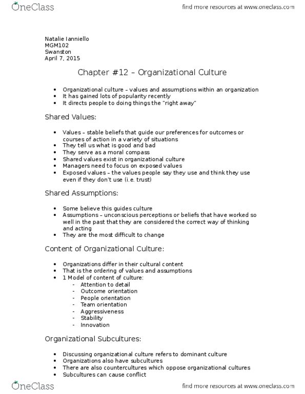 MGM102H5 Chapter Notes - Chapter 12: Organizational Culture, Unconscious Cognition, Onboarding thumbnail