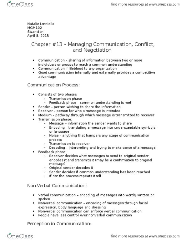 MGM102H5 Chapter Notes - Chapter 13: Nonverbal Communication, Linguistics, Communication thumbnail