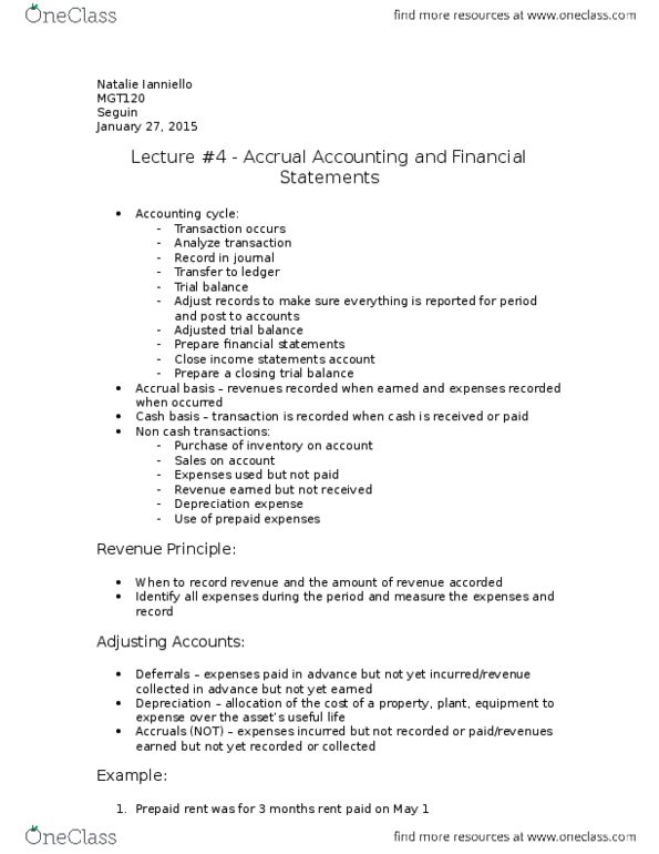 MGT120H5 Lecture Notes - Lecture 4: Deferral, Financial Statement, Trial Balance thumbnail