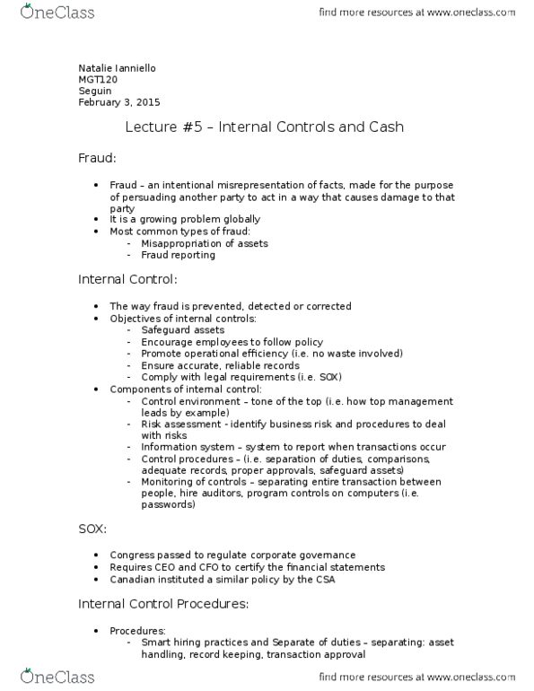 MGT120H5 Lecture Notes - Lecture 5: Internal Auditor, Bank Reconciliation, Internal Control thumbnail