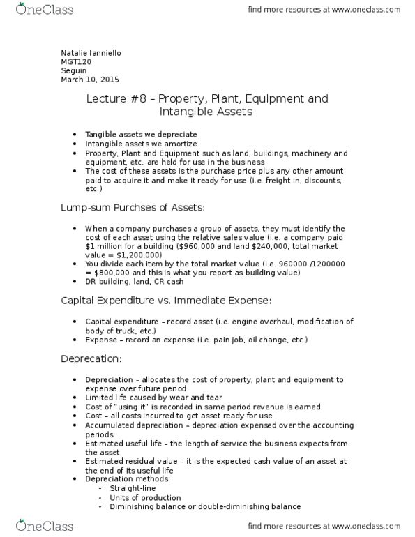 MGT120H5 Lecture Notes - Lecture 8: Capital Expenditure, Book Value, Income Tax thumbnail