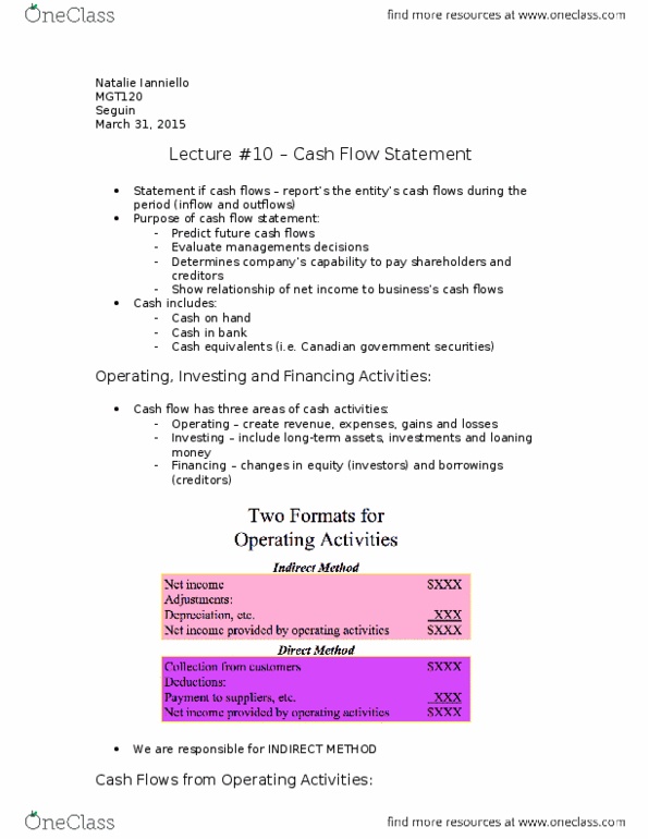 MGT120H5 Lecture Notes - Lecture 10: Cash Flow Statement, Cash Flow, Deferral thumbnail