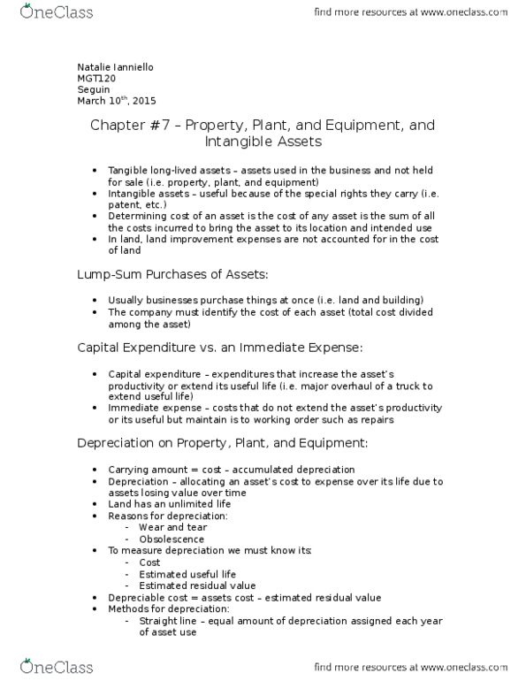 MGT120H5 Chapter Notes - Chapter 7: Intangible Asset, Book Value, Capital Expenditure thumbnail