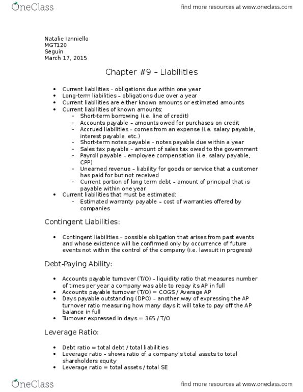 MGT120H5 Chapter Notes - Chapter 9: Accounts Payable, Promissory Note, Current Liability thumbnail