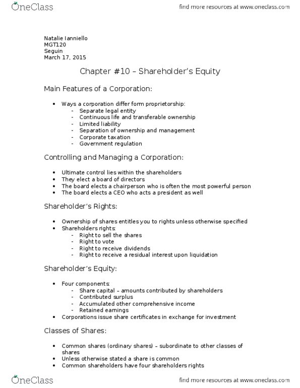 MGT120H5 Chapter Notes - Chapter 10: Legal Personality, Share Capital, Retained Earnings thumbnail