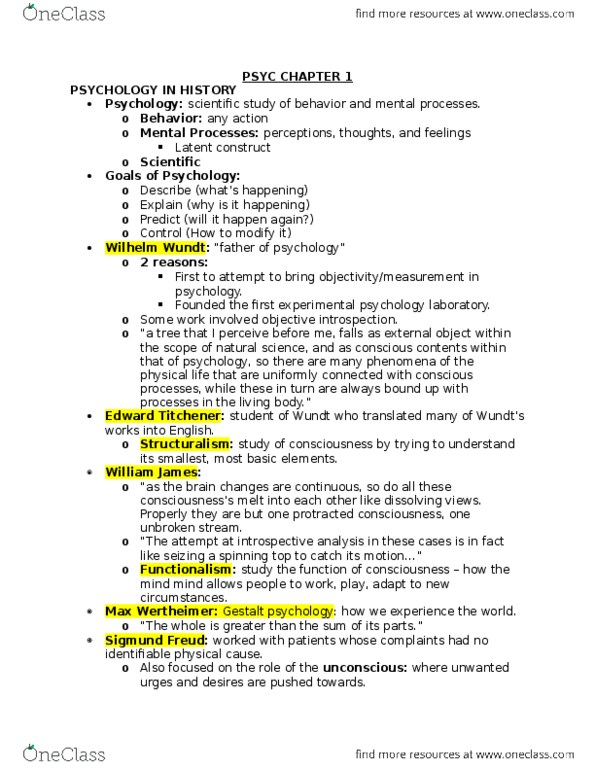 PSYC 2000 Lecture Notes - Lecture 1: Psychodynamic Psychotherapy, Wilhelm Wundt, Clinical Psychology thumbnail