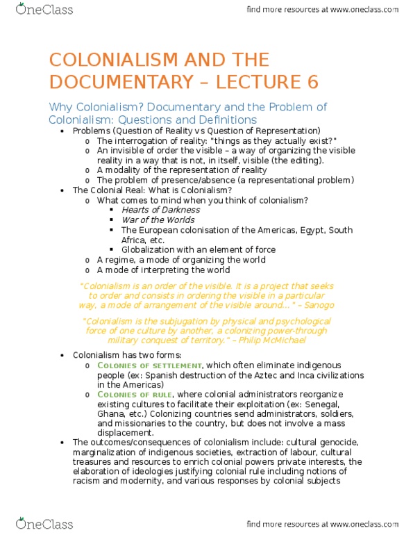 FILM 2106 Lecture Notes - Lecture 6: The Documentary, Direct Cinema thumbnail