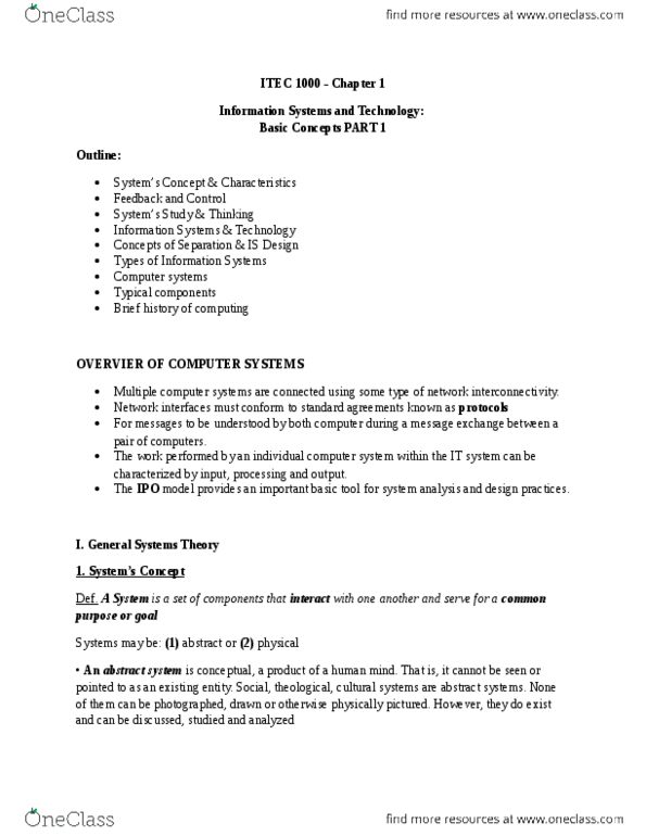 ITEC 1000 Chapter Notes - Chapter 1: Systems Theory, Negative Feedback, Systems Concepts thumbnail