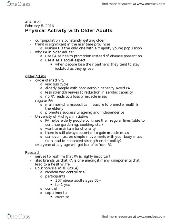 APA 3122 Lecture Notes - Lecture 7: Randomized Controlled Trial, Health Promotion, Water Aerobics thumbnail