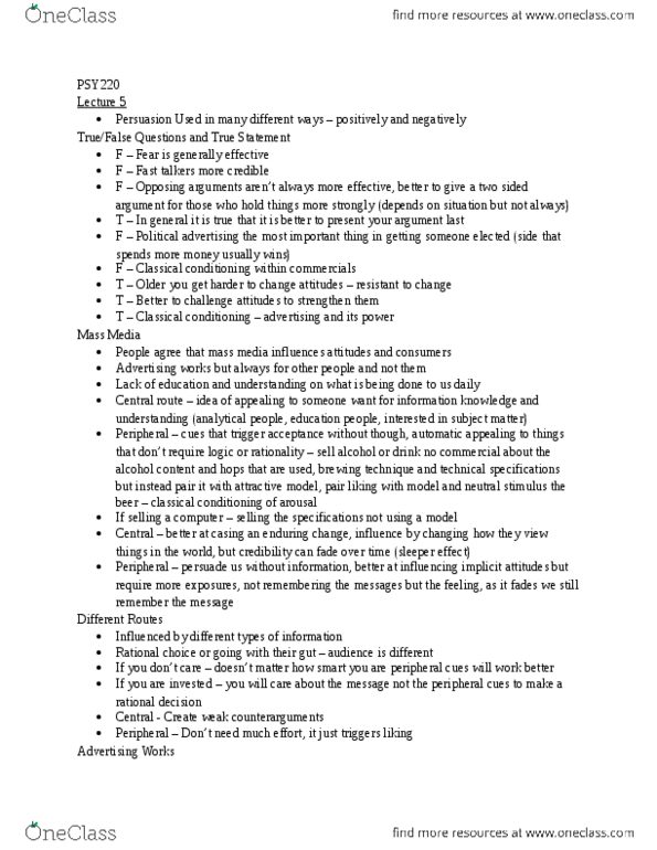 PSY220H5 Lecture Notes - Lecture 5: Classical Conditioning, Influence Of Mass Media, Ingratiation thumbnail