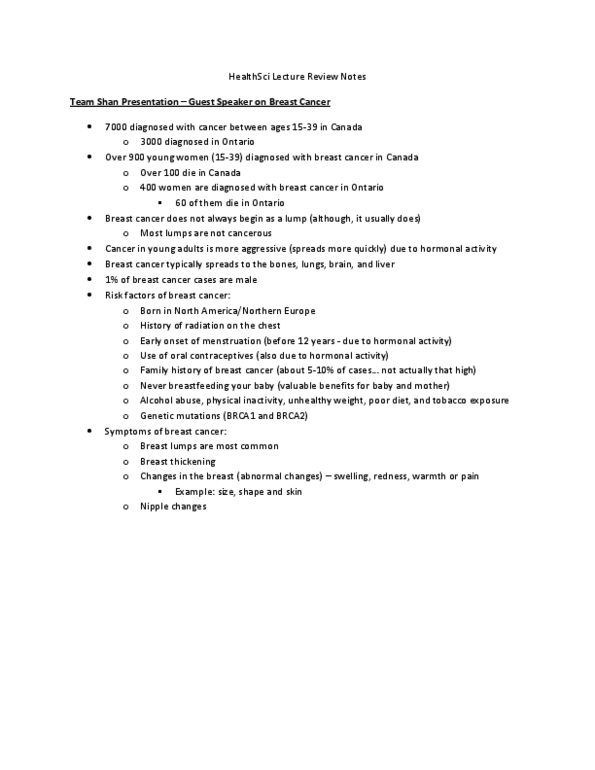 Health Sciences 1001A/B Lecture Notes - Brca1, Brca2, Breast Cancer thumbnail