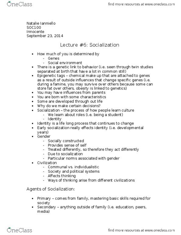 SOC100H5 Lecture Notes - Lecture 6: Hidden Curriculum, Twin Study, Social Environment thumbnail