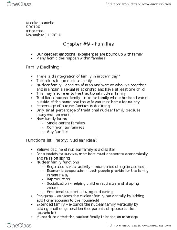 SOC100H5 Chapter Notes - Chapter 9: Total Fertility Rate, Nuclear Family, Child Support thumbnail