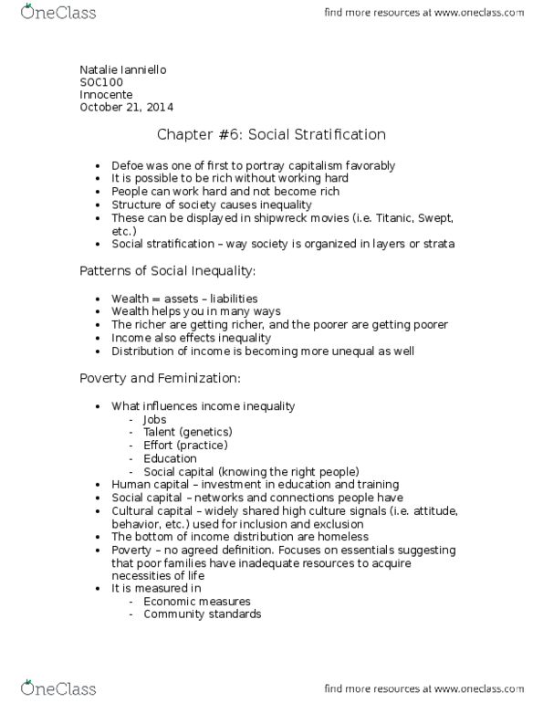 SOC100H5 Chapter Notes - Chapter 6: Social Stratification, Social Capital, Proletariat thumbnail