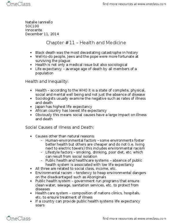 SOC100H5 Chapter Notes - Chapter 11: Health System, Environmental Racism, Prenatal Care thumbnail