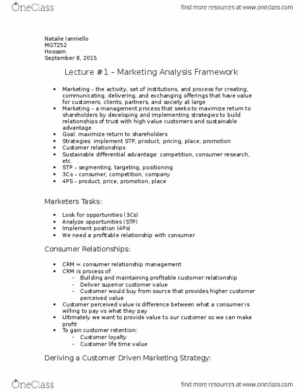 MGT252H5 Lecture Notes - Lecture 1: Customer Retention, Target Market, Customer Relationship Management thumbnail