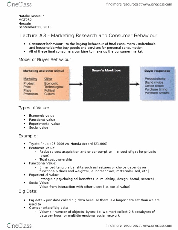 MGT252H5 Lecture Notes - Lecture 3: Consumer Behaviour, Qualitative Property, Big Data thumbnail