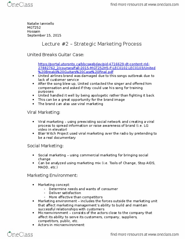 MGT252H5 Lecture Notes - Lecture 2: Viral Marketing, Social Marketing, Strategic Planning thumbnail