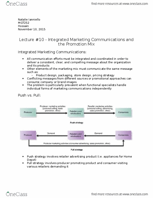 MGT252H5 Lecture Notes - Lecture 10: Integrated Marketing Communications, Direct Response Television, Marketing Mix thumbnail