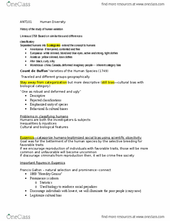 ANT101H5 Lecture Notes - Lecture 4: Carl Linnaeus, Population Genetics, Natural Selection thumbnail