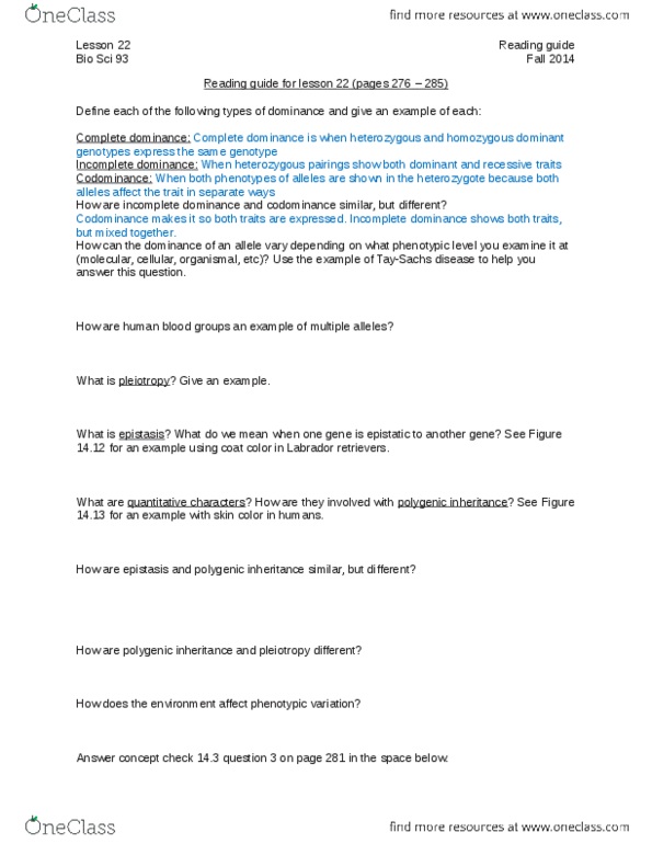 BIO SCI 93 Lecture Notes - Lecture 22: Quantitative Trait Locus, Epistasis, Pleiotropy thumbnail