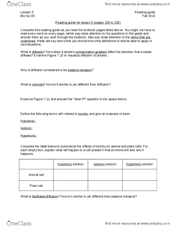 BIO SCI 93 Lecture Notes - Lecture 5: Facilitated Diffusion, Passive Transport, Tonicity thumbnail