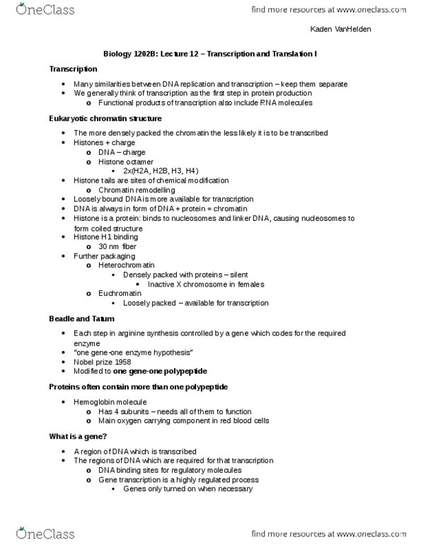 Biology 1202B Lecture Notes - Lecture 12: Histone Octamer, Histone H1, Start Codon thumbnail