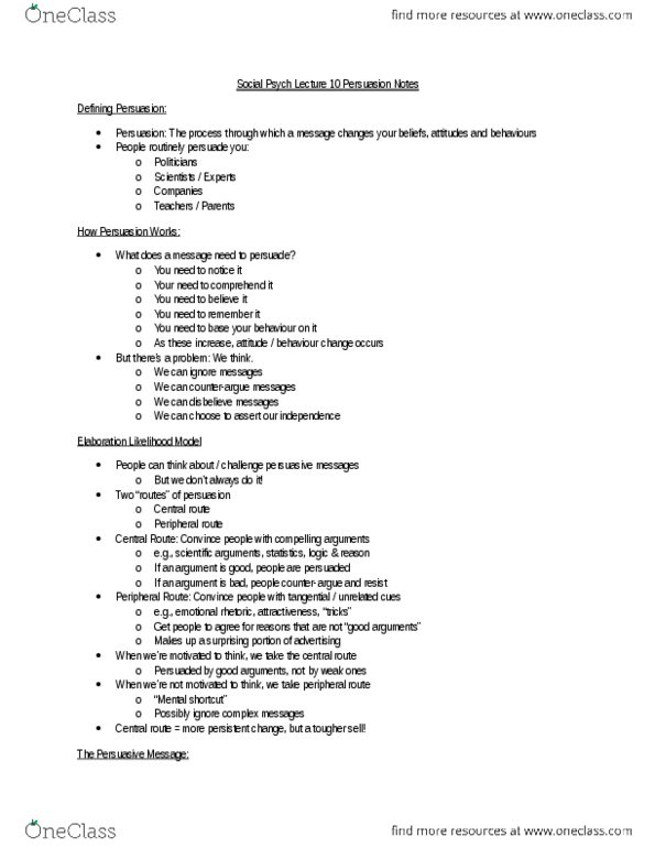 PSYCH235 Lecture Notes - Lecture 10: Elaboration Likelihood Model, Product Placement, Psych thumbnail