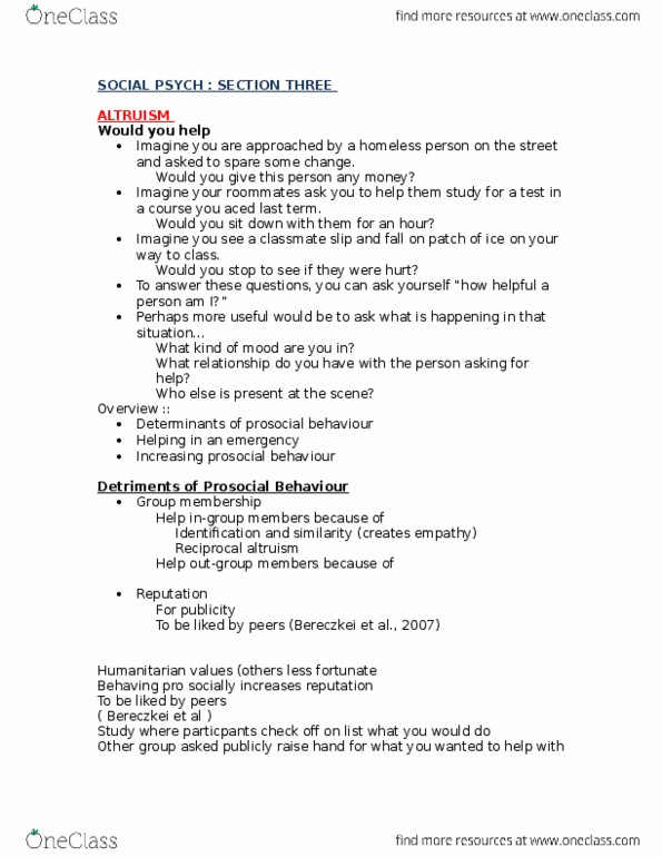 PSYCH235 Lecture Notes - Lecture 15: Reciprocal Altruism, Social Rejection, Egotism thumbnail