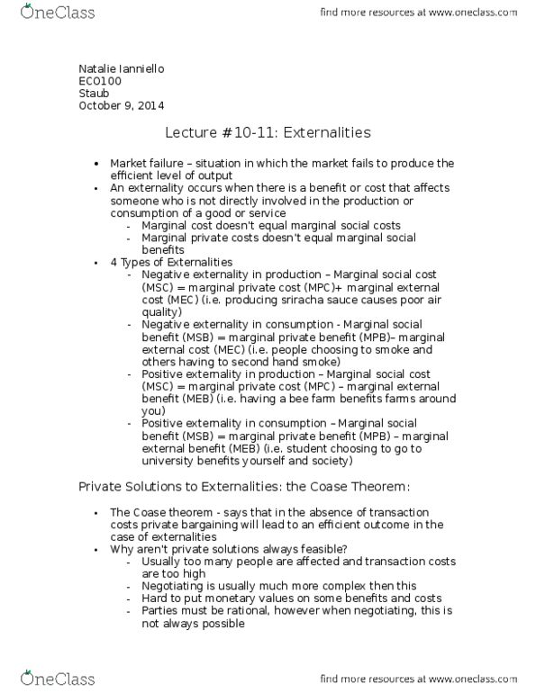ECO100Y5 Lecture Notes - Lecture 10: Externality, Marginal Cost, Social Cost thumbnail