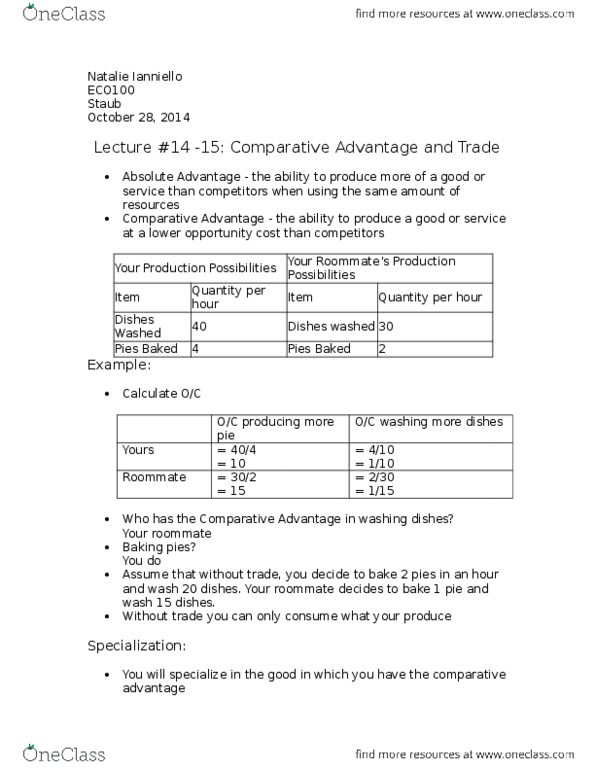 ECO100Y5 Lecture Notes - Lecture 14: Comparative Advantage, Opportunity Cost thumbnail