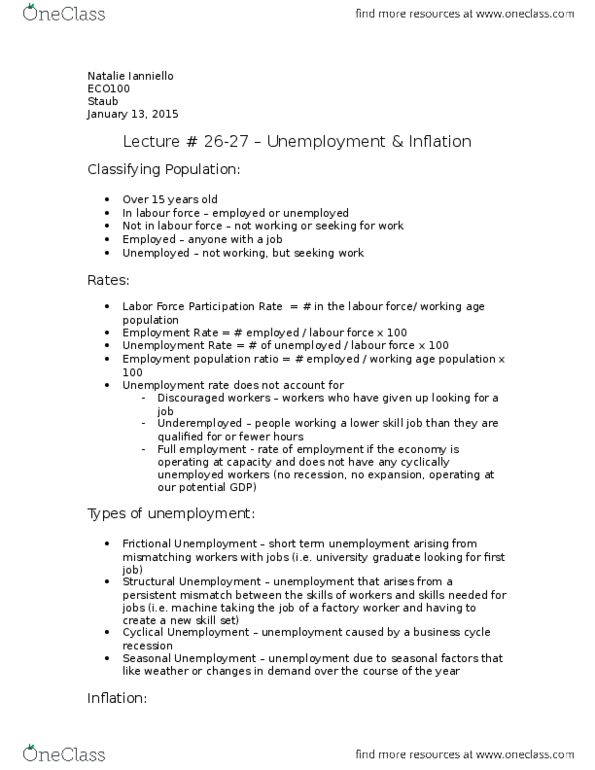 ECO100Y5 Lecture Notes - Lecture 26: Gdp Deflator, Potential Output, Full Employment thumbnail