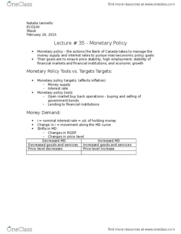 ECO100Y5 Lecture Notes - Lecture 35: Nominal Interest Rate, Monetary Policy, Deflation thumbnail