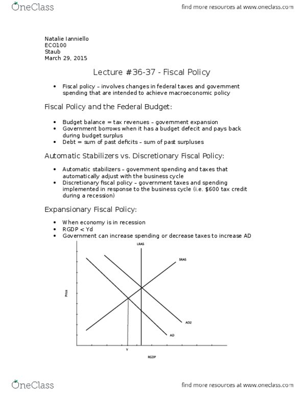 ECO100Y5 Lecture Notes - Lecture 37: Fiscal Policy, Business Cycle thumbnail
