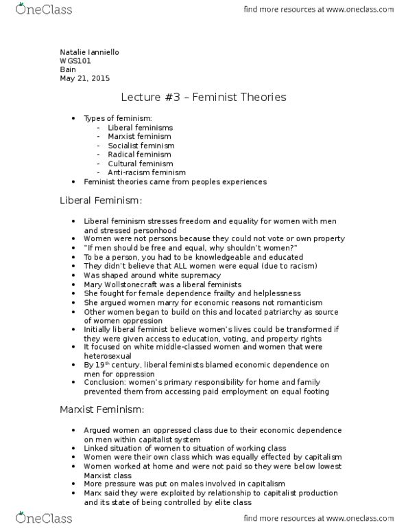 WGS101H5 Lecture Notes - Lecture 3: Marxist Feminism, Liberal Feminism, Friedrich Engels thumbnail