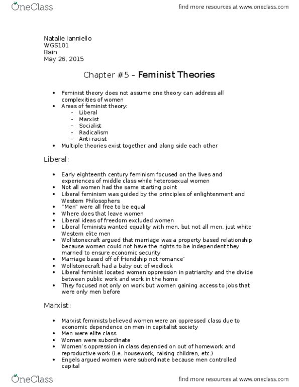 WGS101H5 Chapter Notes - Chapter 5: Marxist Feminism, Socialist Feminism, Feminist Theory thumbnail