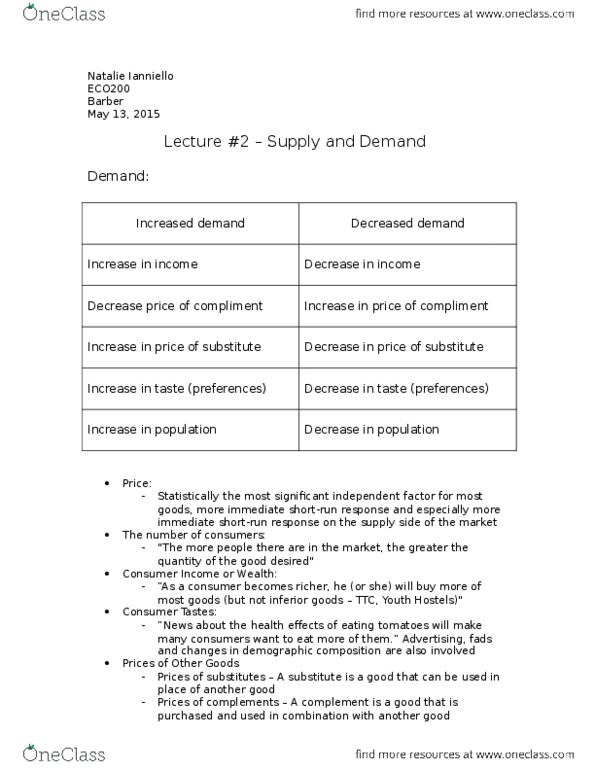 ECO200Y5 Lecture Notes - Lecture 2: Demand Curve, Economic Equilibrium, Normal Good thumbnail