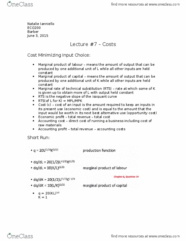 ECO200Y5 Lecture Notes - Lecture 7: Marginal Cost, Marginal Product, European Route E20 thumbnail