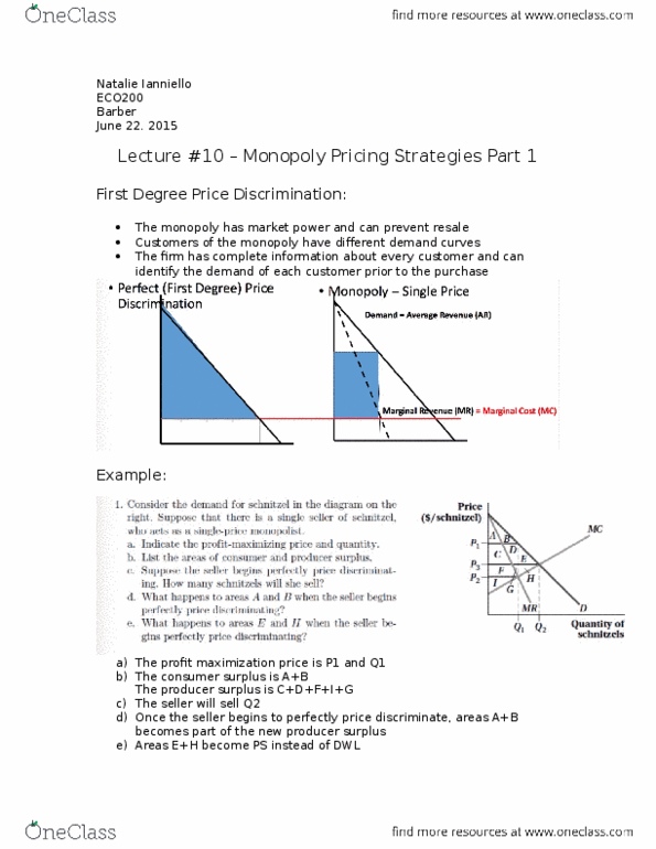 ECO200Y5 Lecture Notes - Lecture 10: Marginal Revenue, Price Discrimination, Economic Surplus thumbnail