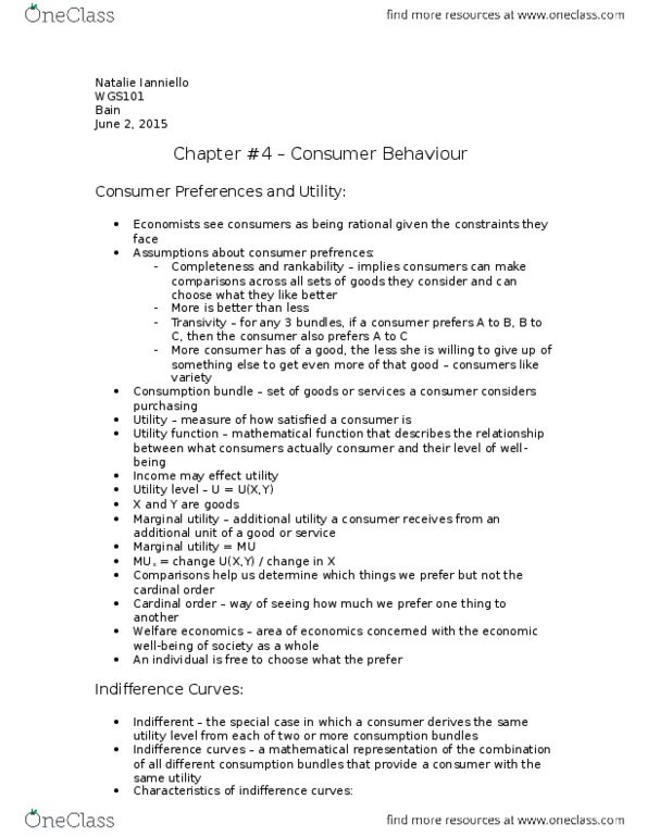 ECO200Y5 Chapter Notes - Chapter 4: Indifference Curve, Marginal Utility, C More Entertainment thumbnail