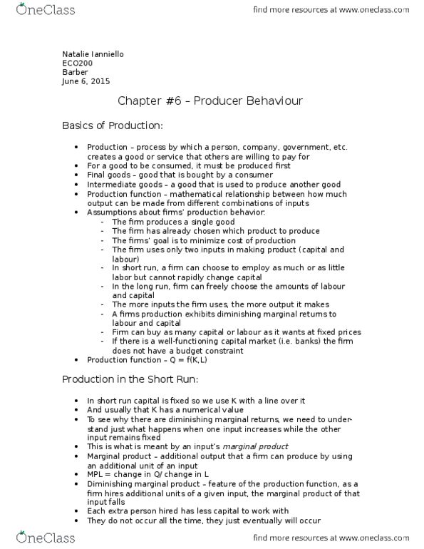 ECO200Y5 Chapter Notes - Chapter 6: Diminishing Returns, Isoquant, Substitute Good thumbnail